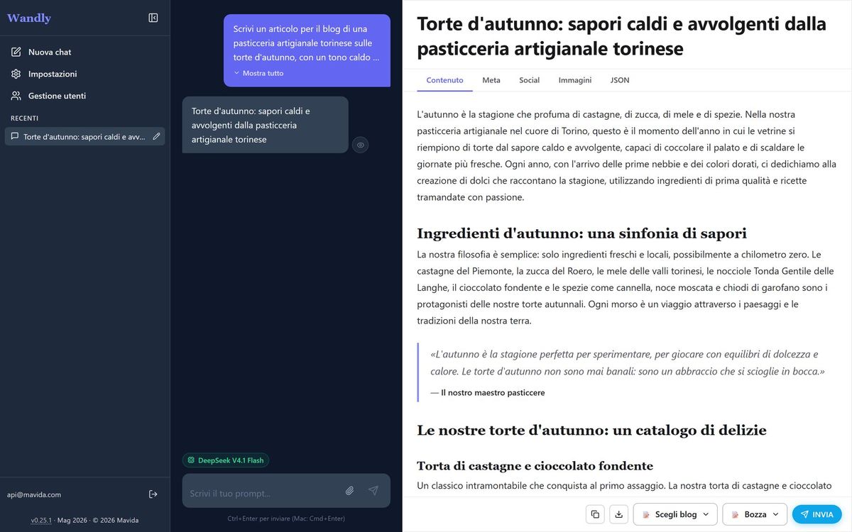 Schermata di Wandly: Dall'idea all'articolo pubblicato su WordPress, in una conversazione.